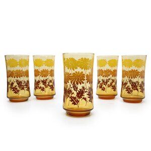 Vintage Libbey Amber Glass Daisy Drinking Glasses Cups 70s Yellow Brown  x 5